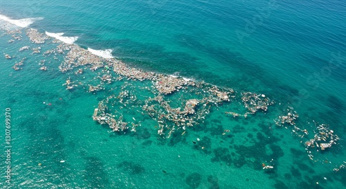 Aerial View of Ocean Pollution - Aerial shot of ocean pollution, showing a large area of debris floating on the water's surface