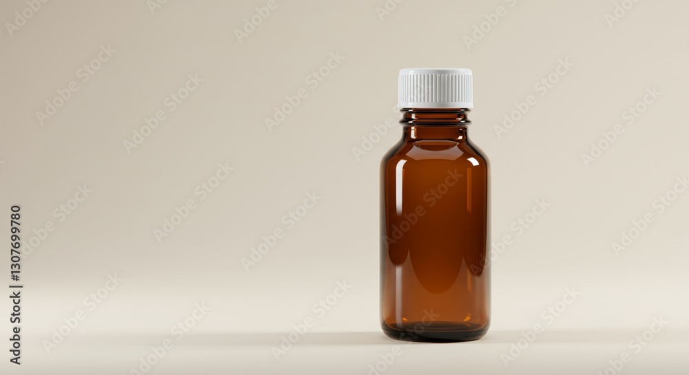 Amber Glass Bottle Mockup - A simple of a small amber glass bottle with a white cap against a beige background, perfect for product displays Amber Glass Bottle Mockup - A simple of a small amber glass bottle with a white cap against a beige background, perfect for product displays