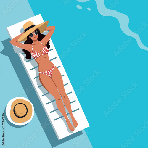 A woman relaxing on a sun lounger by the pool in flat vector art
