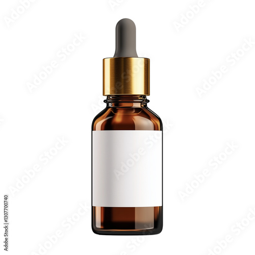 Amber dropper bottle mockup with blank label and gold cap, perfect for showcasing essential oils, serums, or skincare products. Elegant, minimalist design isolated on white
