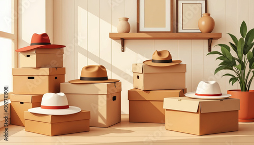Vintage hat boxes stacked in boutique with warm lighting, nostalgic charm