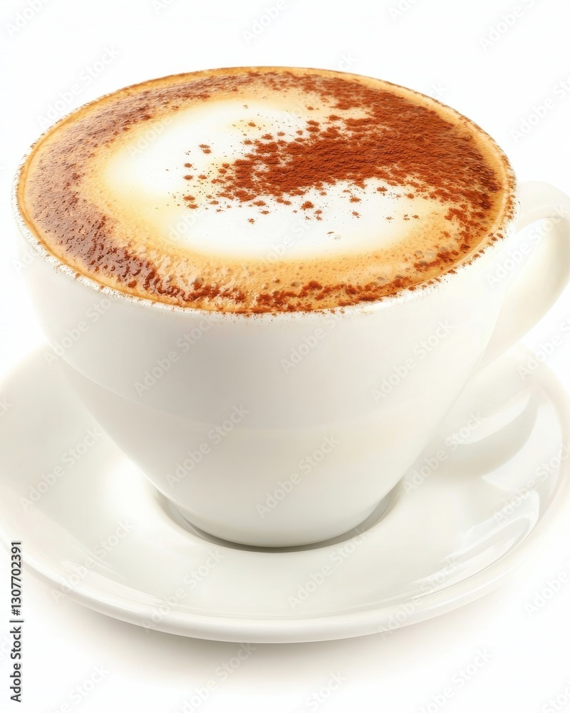 A close-up of a frothy cappuccino served in a white cup. A close-up of a frothy cappuccino served in a white cup.