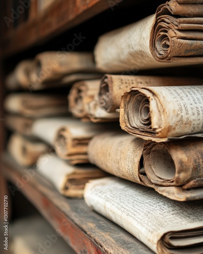 A collection of aged, rolled manuscripts stacked on wooden shelves, showing delicate, weathered pages filled with historical text and wisdom