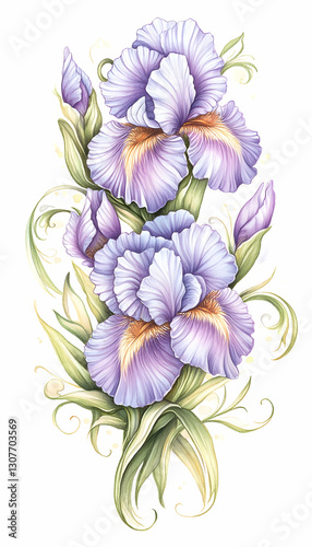 Elegant Iris Bouquet Watercolor floral design, perfect for cards, prints, or fabric