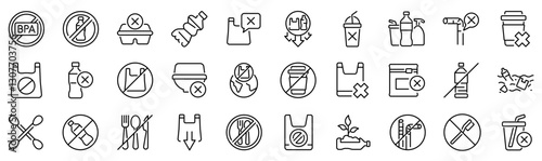 Set of 30 outline icons related to plastic waste bans, plastic free. Linear icon collection. Editable stroke. Vector illustration
