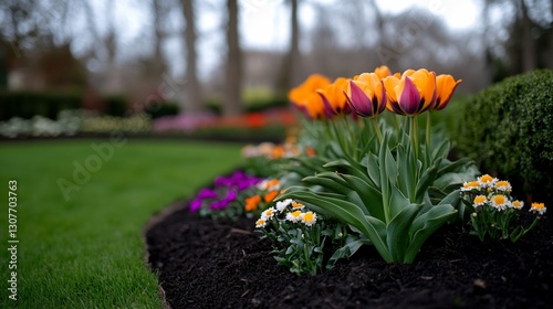 Spring Tulips in a Park Garden Border photo