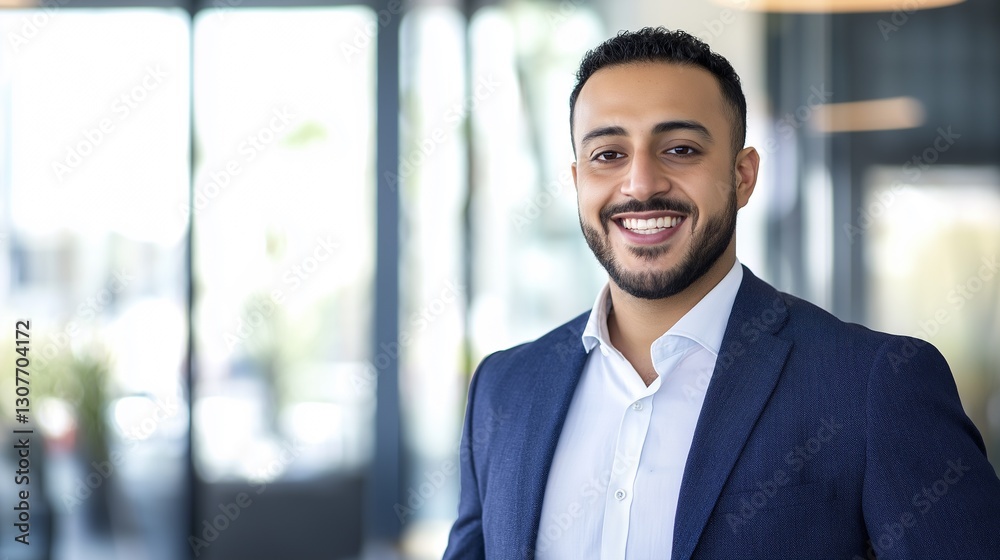 A confident, smiling Arabic businessman in a formal jacket, looking directly at the camera for his corporate profile. A confident, smiling Arabic businessman in a formal jacket, looking directly at the camera for his corporate profile.