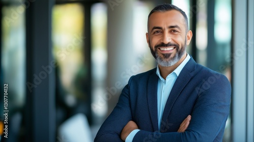 A confident, smiling Arabic businessman in a formal jacket, looking directly at the camera for his corporate profile. photo