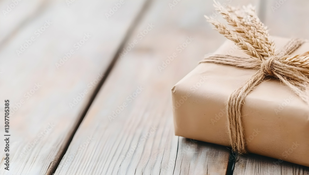 Rustic gift package on wooden table, autumnal theme; wheat stalks as decoration; copy space; ideal for Thanksgiving or harvest celebration promotion Rustic gift package on wooden table, autumnal theme; wheat stalks as decoration; copy space; ideal for Thanksgiving or harvest celebration promotion