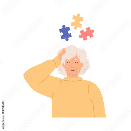 Elderly woman suffering from memory loss and confusion. Senior female experiencing symptoms of Alzheimer or dementia. Mental decline, forgetfulness, and cognitive impairment. Vector illustration.