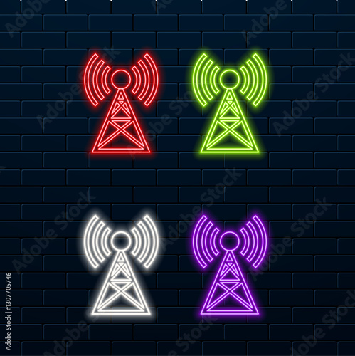 Glowing neon Antenna icon isolated on brick wall background. Radio antenna wireless. Technology and network signal radio antenna. Vector Illustration