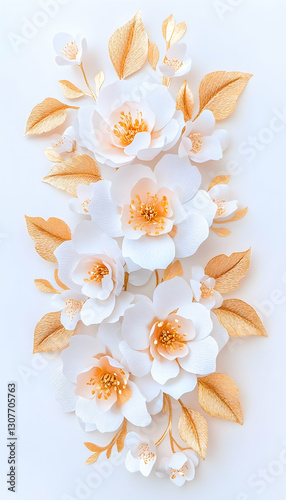 Elegant white & gold paper flowers, artfully arranged; perfect for wedding stationery or home decor photo