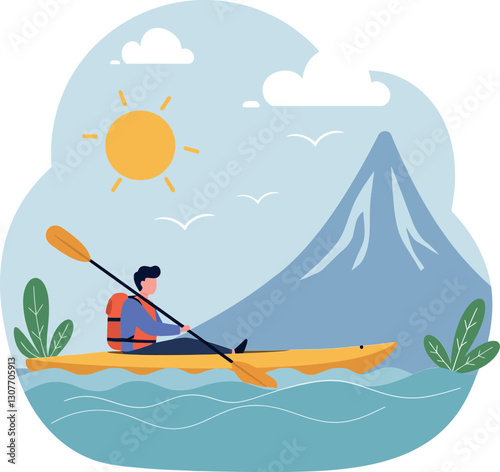 Kayaker paddling on a serene lake surrounded by mountains in a flat vector illustration