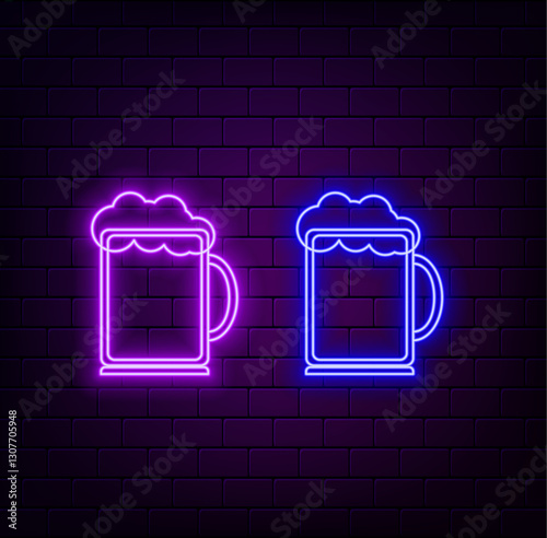 Glowing neon pint beer glass for ale. Led luminous sign for bar menu or signboard. Vector isolated illustration.