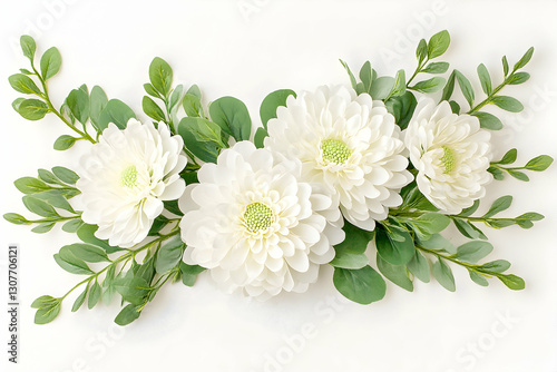Elegant white dahlia & eucalyptus arrangement; flatlay, white background; ideal for wedding invitations or home decor