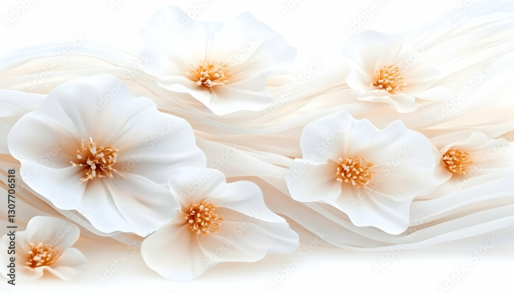 Elegant white flowers on flowing fabric; serene wallpaper design Elegant white flowers on flowing fabric; serene wallpaper design