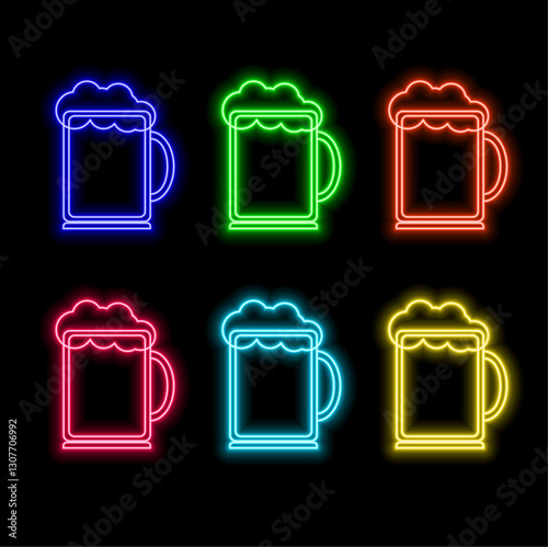 Neon sign of Beer Mug. Neon bar emblem, bright banner. Advertising design. Night light signboard. Vector illustration