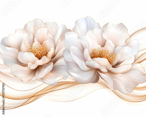 Elegant white peonies with gold ribbons, isolated on white; ideal for wall art or home decor