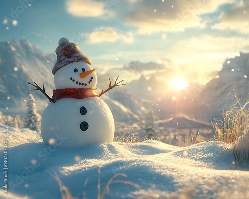 Joyful snowman sunrise, snowy mountains photo