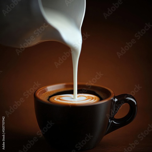 Cream gracefully poured into a dark coffee cup, creating art.