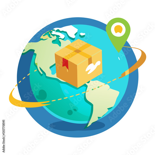 A parcel appears to glide over a vibrant global map, highlighting major shipping routes and destination markers, illustrating the essence of global logistics and delivery