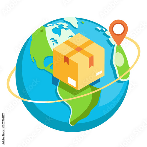 A parcel hovers above a glowing map of the world, symbolizing international shipping and logistics in a colorful representation during twilight