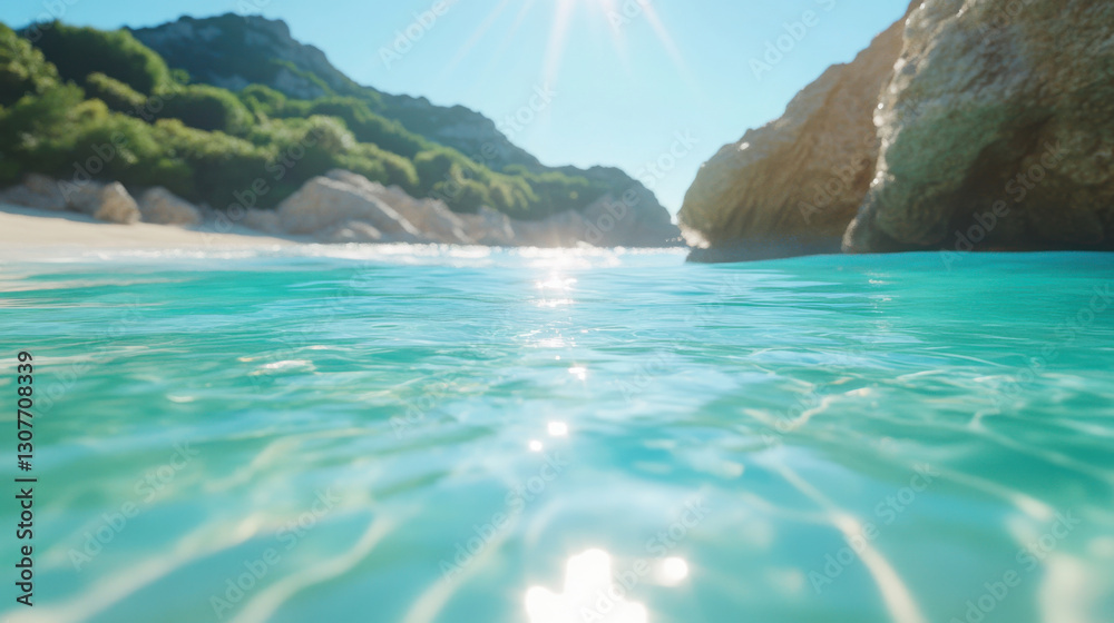 Fototapeta premium Enchanting beach vacation scene with sunlit waves and coastal serenity