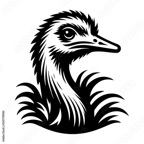 The ostrich's head is a black and white logo on a white isolated background. Vector graphics. EPS.