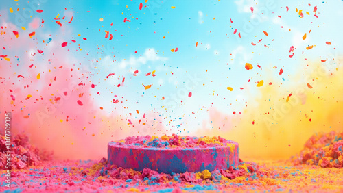 Spring Holi bloom: A podium nestled amidst colorful flower petals and splashes of vibrant powder, with a serene backdrop of blue skies and drifting festive colors, ad, podium platform, product present