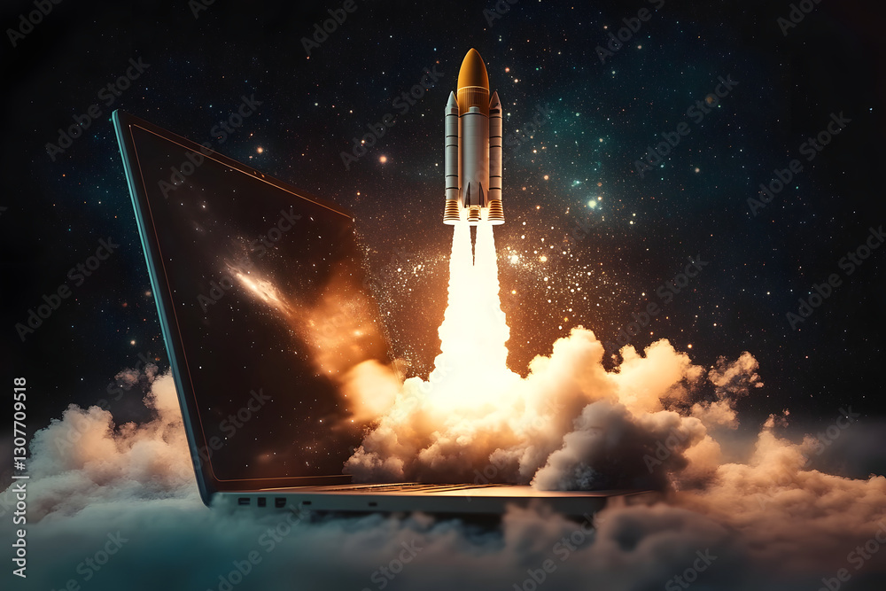 Fototapeta premium Launching Space Rocket From Laptop Screen. Generative AI