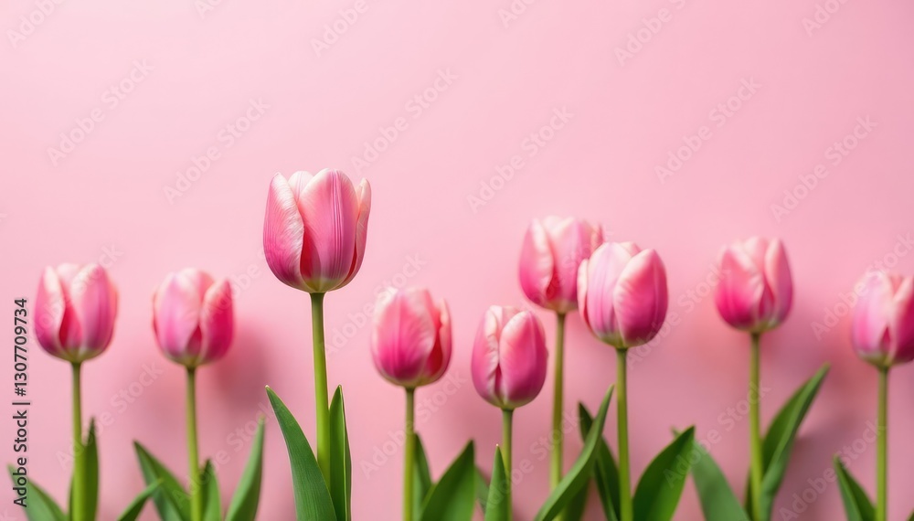 Soft pink tulips bloom in a serene field on a pale pink background, blossom, flowers Soft pink tulips bloom in a serene field on a pale pink background, blossom, flowers