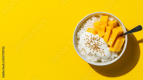 Overhead view of a vibrant bowl of Thai mango sticky rice topped with fresh mango, creamy coconut milk, and sesame seeds with copy space