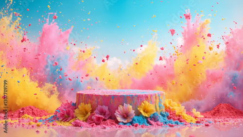 Spring Holi bloom: A podium nestled amidst colorful flower petals and splashes of vibrant powder, with a serene backdrop of blue skies and drifting festive colors, ad, podium platform, product present