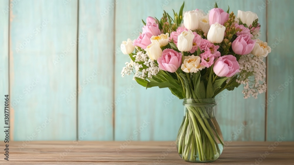 Vibrant Spring Bouquet with Tulips and Blossoms in a Glass Vase on Wooden Table