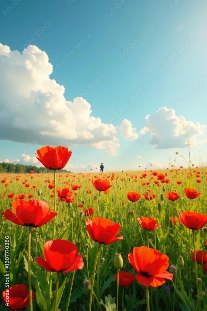 Naklejka premium Warm orange hues dance across the field as red poppies emerge, natural light, clouds