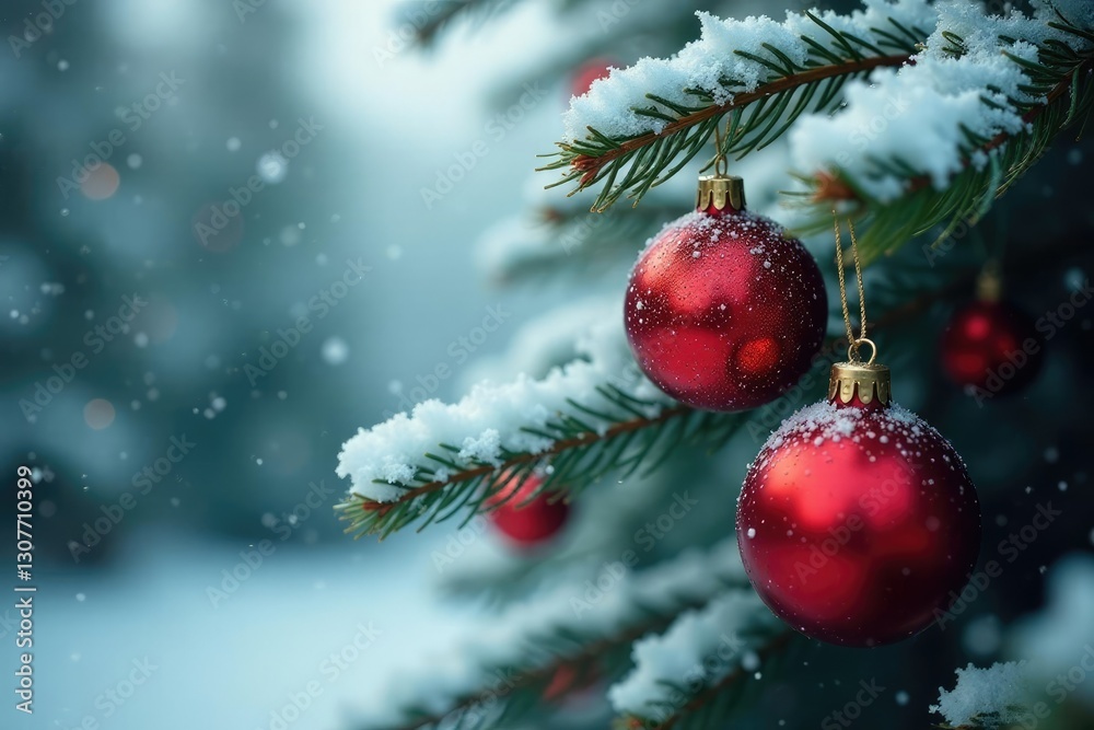Snow-covered pine tree branches adorned with shimmering red balls, frosty, glossy, ornaments Snow-covered pine tree branches adorned with shimmering red balls, frosty, glossy, ornaments