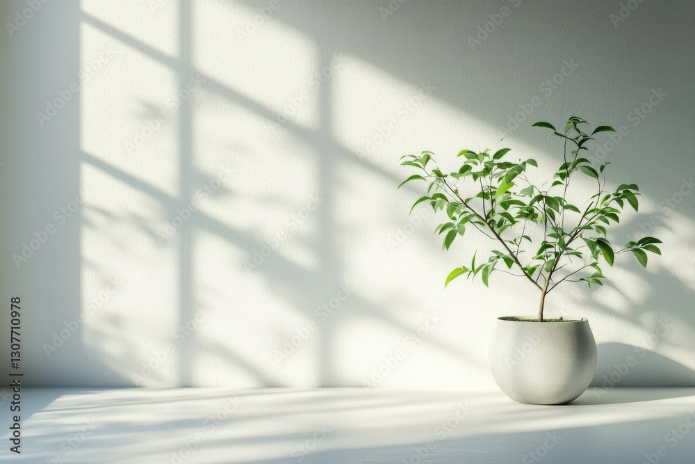 Fototapeta premium A small green plant in a light grey pot sits on a white surface against a white wall with window shadows.