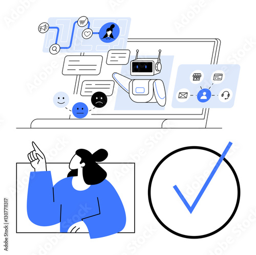 AI virtual assistant processing user inputs on a laptop, presenting options, emotions, and actionable tasks. Ideal for technology, communication, customer support, decision-making, automation