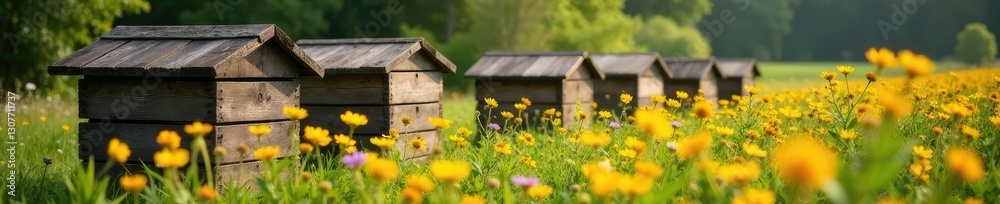 Rustic wooden hives in a field of wildflowers, pollination, hive Rustic wooden hives in a field of wildflowers, pollination, hive