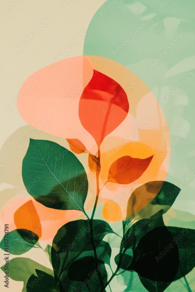 Colorful Botanical Overlay: Modern Abstract Plant Art with Vibrant Leaves