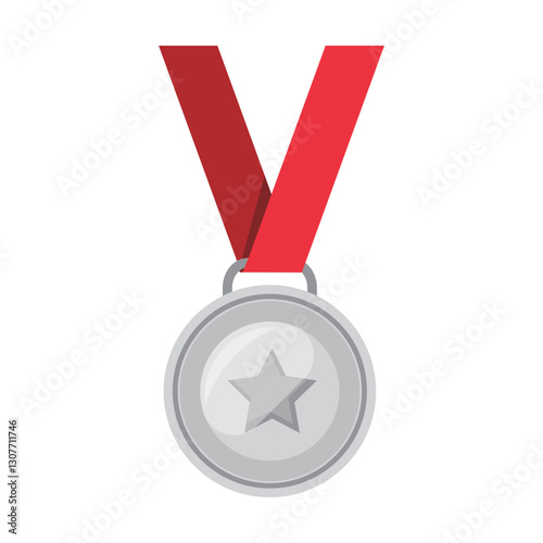 Silver medallion achievement metallic winning sign icon flat