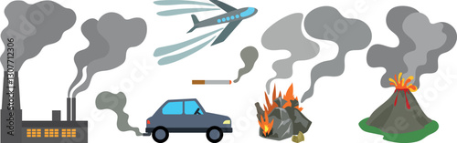 Set of different sources of air pollution. Illustrations for ecology classes with children. Man-made and natural sources of carbon dioxide