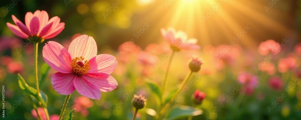 Naklejka premium warm sunlight filtering through blooming flowers, nature, summer