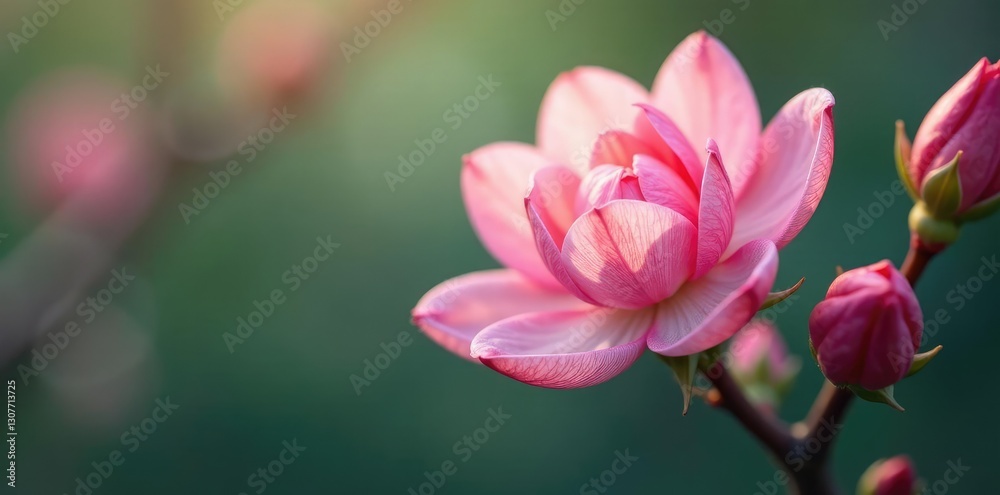 Fototapeta premium Soft pink petals unfolding from a delicate branch, nature photography, botanical, spring flowers