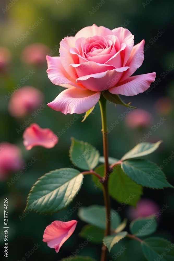 Obraz premium Soft pink rose petals falling from a stem in a garden, stem,