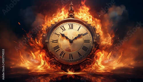 Generated image  of clock on fire, time's burning end in fiery clock image
