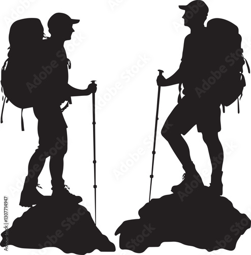 Silhouette of two hikers standing on a rocky outcrop