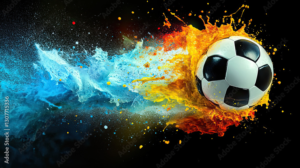 Fototapeta premium A colorful and dynamic representation of a soccer ball splash in motion, ideal for athletic and sports themes.