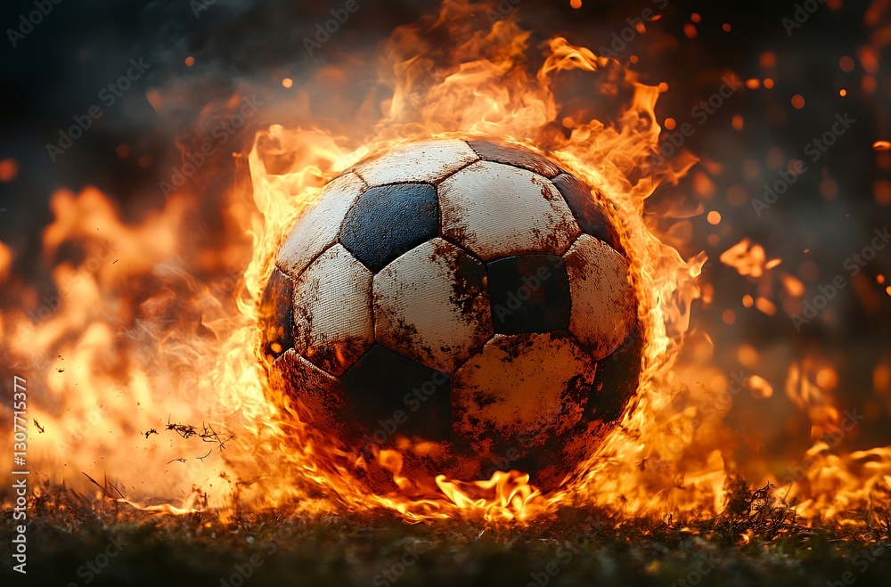 Fototapeta premium Fireball Soccer Ball Surrounded by Flames Creating an Intense Visual Impact