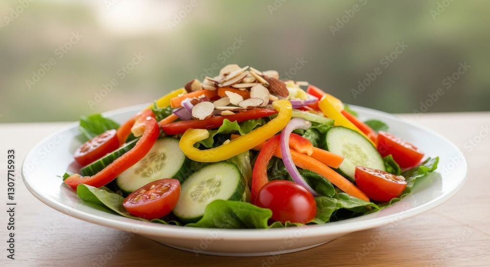 Garden Fresh Vegetable Salad with Almonds - A vibrant mix of fresh vegetables, including crisp cucumbers, sweet bell peppers, juicy tomatoes, and crunchy carrots Garden Fresh Vegetable Salad with Almonds - A vibrant mix of fresh vegetables, including crisp cucumbers, sweet bell peppers, juicy tomatoes, and crunchy carrots